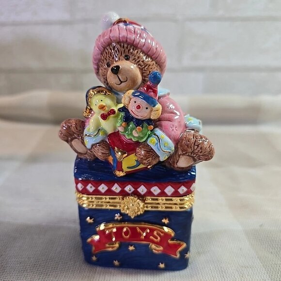 Set of 2 Porcelain Christmas Trinket Boxes ~ Teddy Bear w/ Toys and Santa - Picture 3 of 7